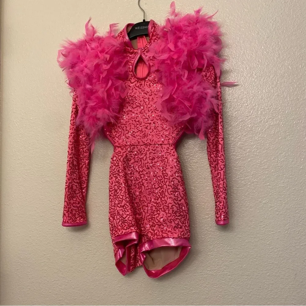 WEISSMAN Dance Costume pink feather  Hollywood Tonight 9915 child MC child